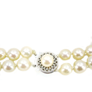 Double Strand Choker Filigree Japanese Saltwater Cultured Akoya Pearl Necklace - 14K White Gold 15 & 15.25 Inch