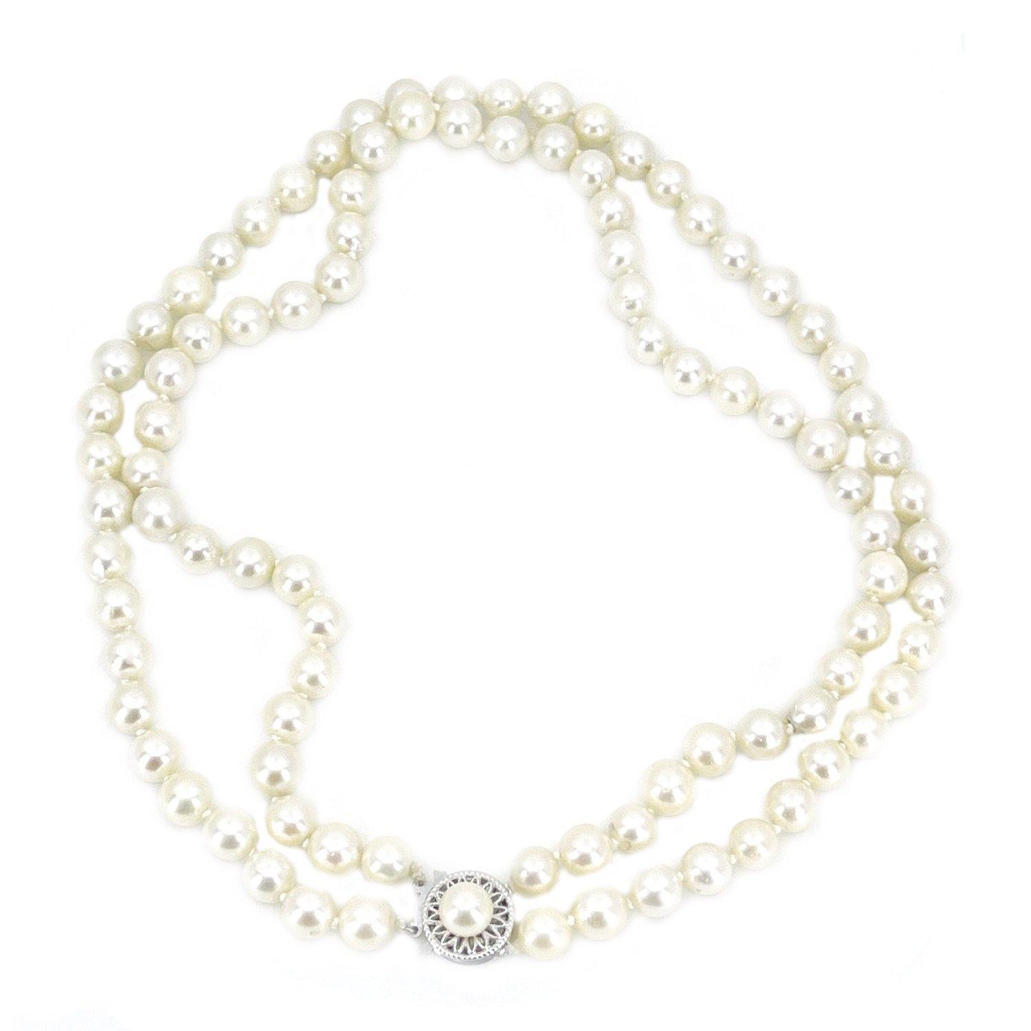 Double Strand Choker Filigree Japanese Saltwater Cultured Akoya Pearl Necklace - 14K White Gold 15 & 15.25 Inch