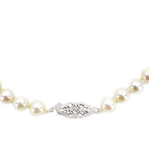 Lace Filigree Japanese Cultured Akoya Pearl Necklace - 14K White Gold 15.50 Inch