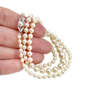 Filigree Vintage Graduated Japanese Saltwater Cultured Akoya Pearl Strand - 10K White Gold 20.50 Inch