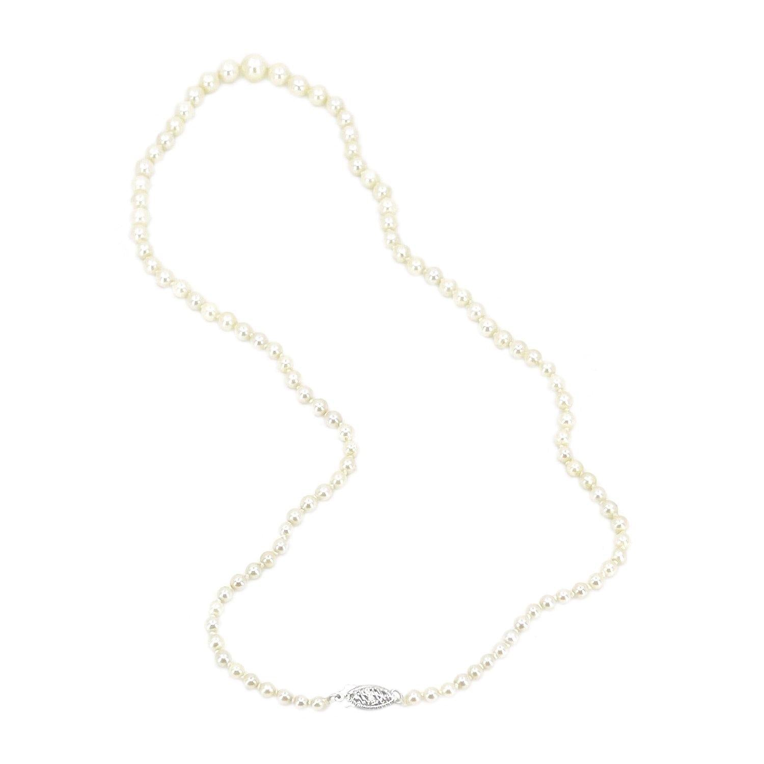 Retro Graduated Japanese Saltwater Cultured Akoya Pearl Filigree Necklace - 14K White Gold 20.25 Inch