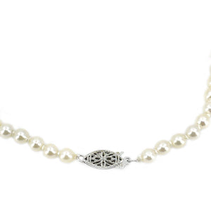 Estate Graduated Japanese Saltwater Cultured Akoya Pearl Filigree Necklace - 14K White Gold 17 Inch