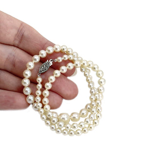 Estate Graduated Japanese Saltwater Cultured Akoya Pearl Filigree Necklace - 14K White Gold 17 Inch