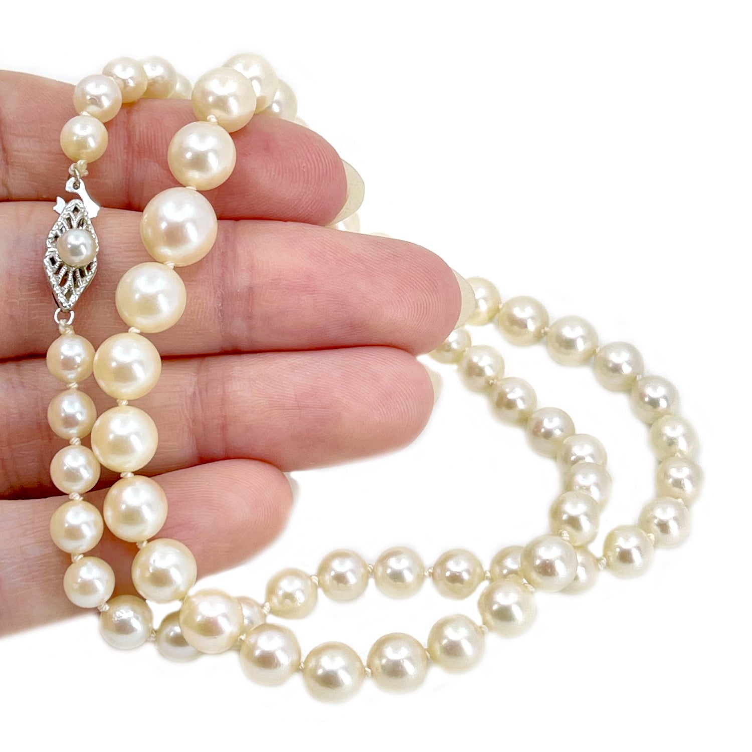 Vintage Filigree Japanese Saltwater Cultured Akoya Pearl Necklace - 14K White Gold 18.50 Inch