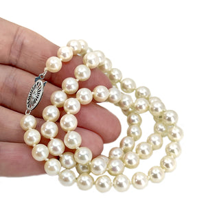 Filigree Modernist Vintage Japanese Saltwater Cultured Akoya Pearl Necklace - 14K White Gold 18.25 Inch