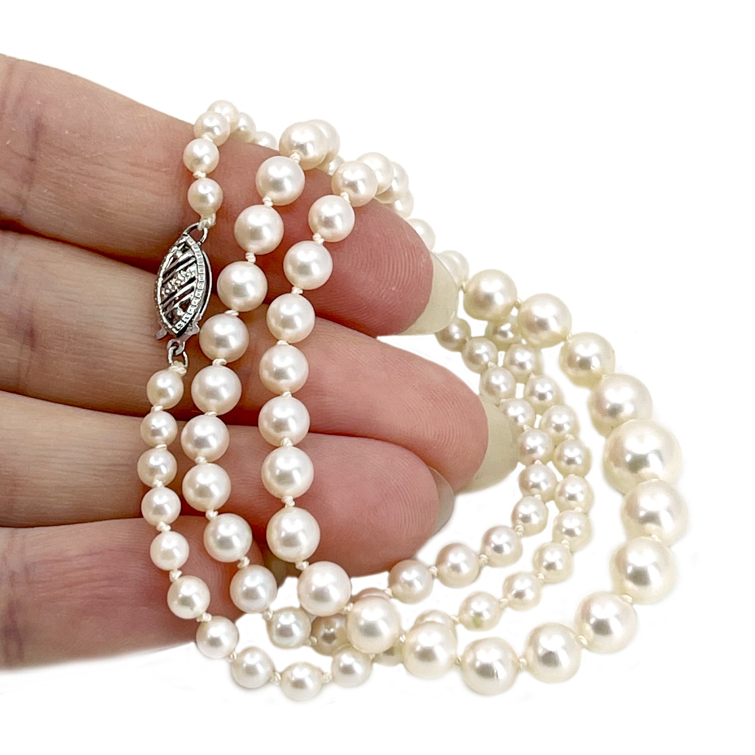 Vintage Filigree Graduated Japanese Saltwater Cultured Akoya Pearl Necklace - 10K White Gold 19.25 Inch