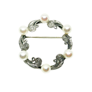 Ocean Waves Japanese Akoya Saltwater Cultured Pearl Circle Brooch- Sterling Silver - Vintage Valuable Pearls