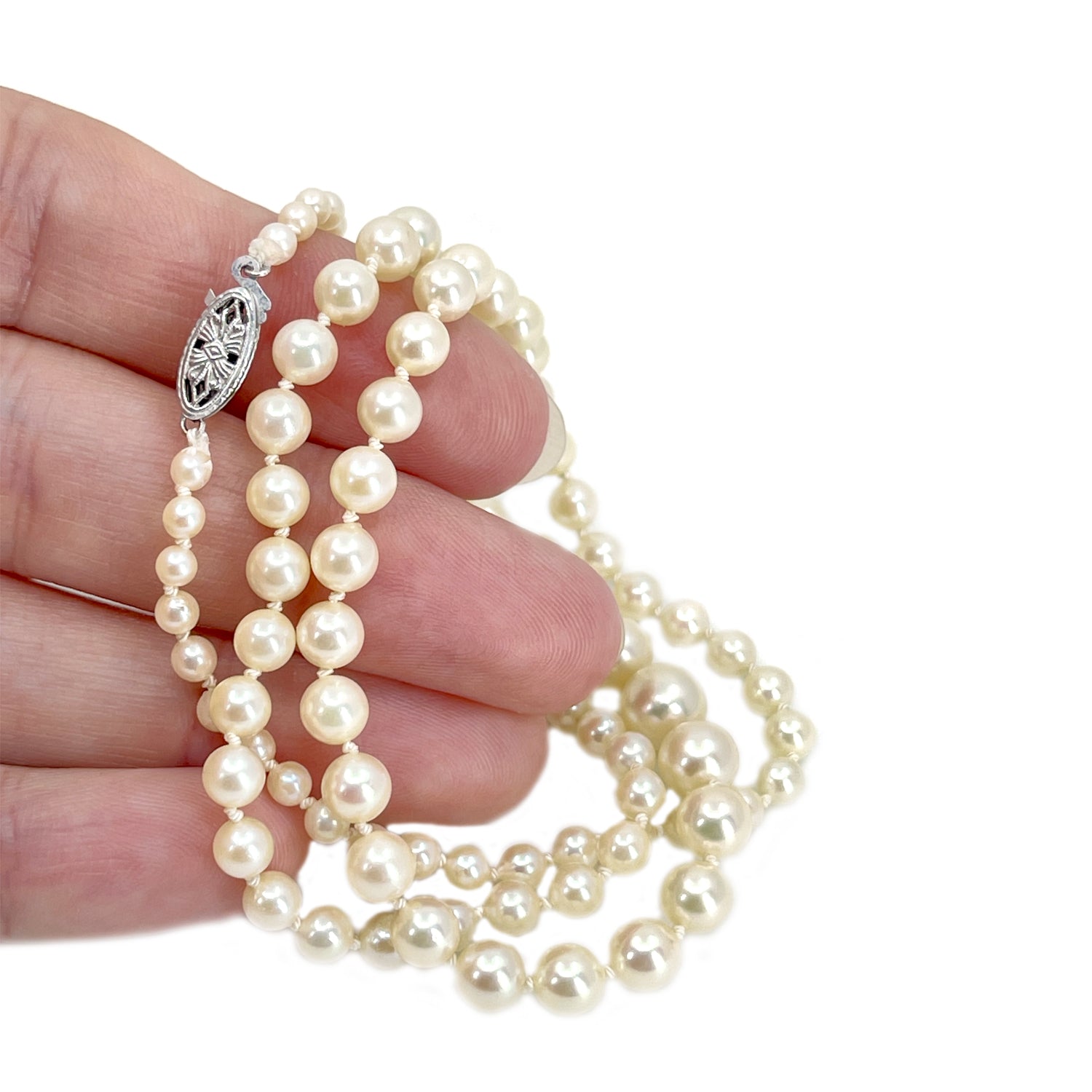 Filigree Retro Japanese Saltwater Cultured Akoya Pearl Vintage Necklace - 10K White Gold 20.50 Inch