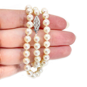 Sweetheart Lace Filigree Japanese Cultured Akoya Pearl Necklace - 10K White Gold 17.50 Inch