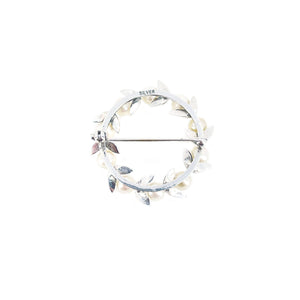 Botanical Wreath Leaf Japanese Saltwater Akoya Vintage Pearl Brooch Pin- Sterling Silver