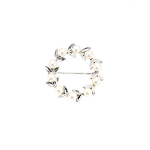Botanical Wreath Leaf Japanese Saltwater Akoya Vintage Pearl Brooch Pin- Sterling Silver