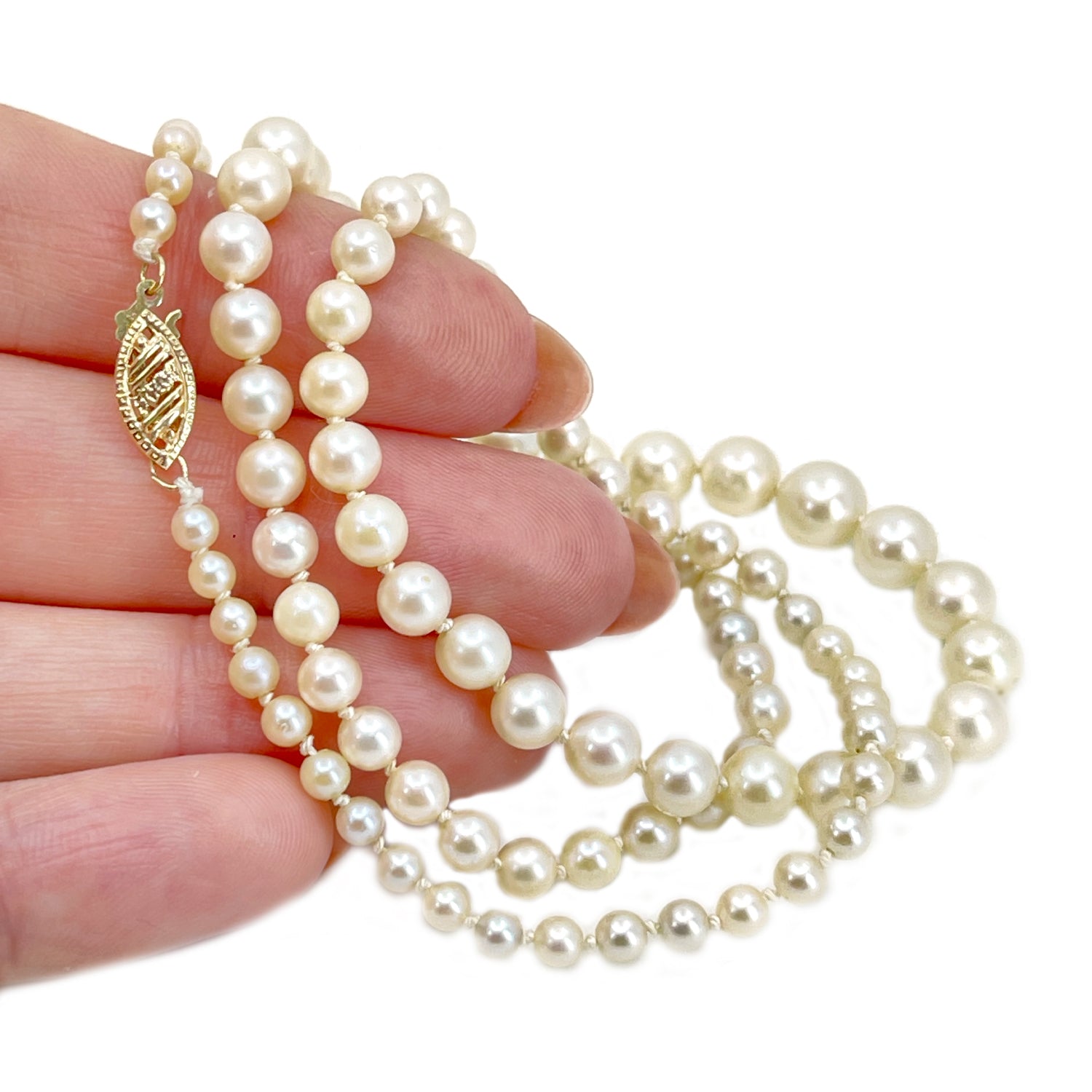 Graduated Estate Japanese Cultured Saltwater Akoya Pearl Vintage Necklace - 14K Yellow Gold 20.50 Inch