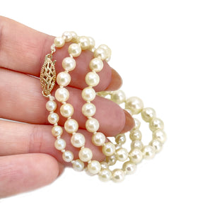 Retro Graduated Japanese Cultured Saltwater Akoya Pearl Vintage Necklace - 14K Yellow Gold 16.50 Inch
