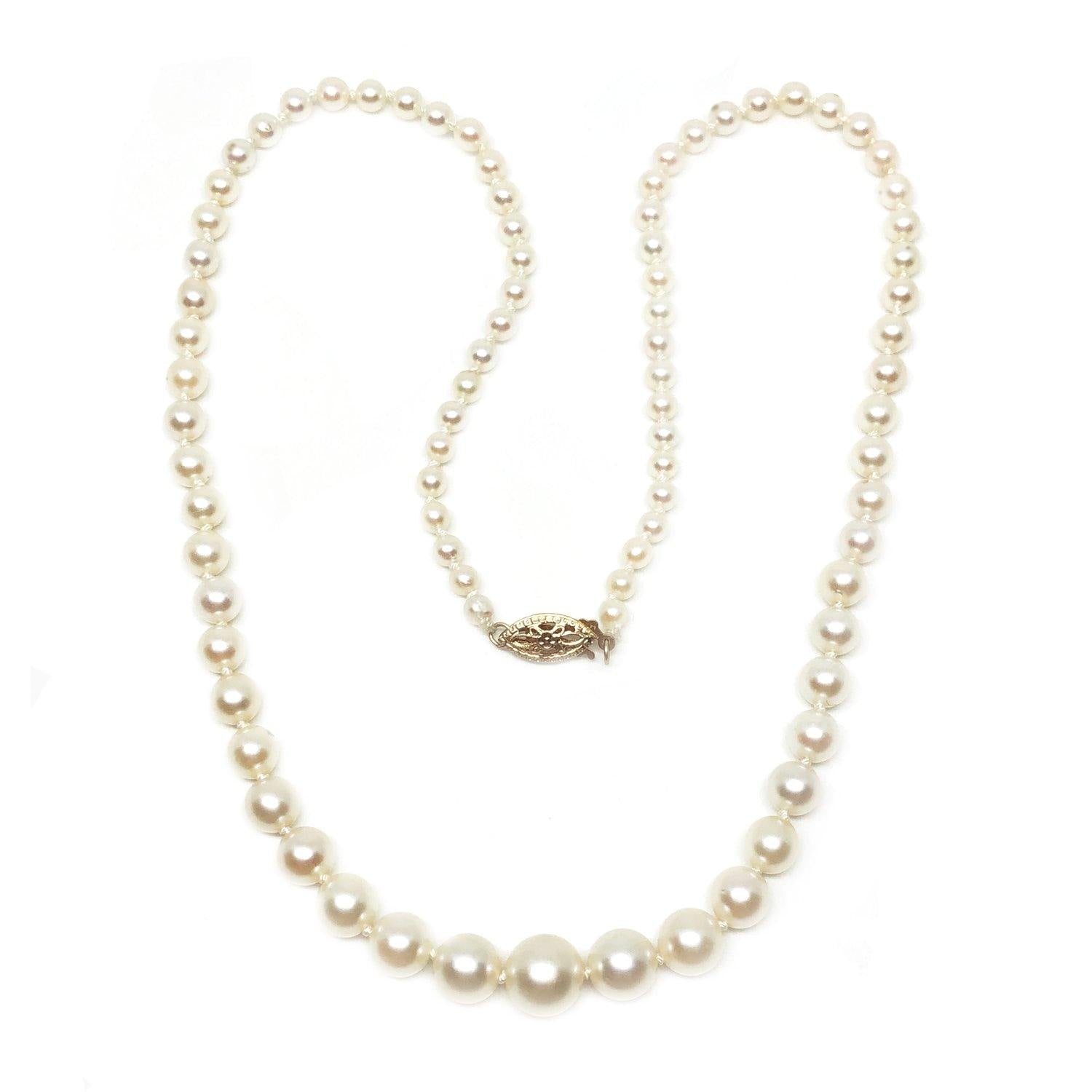 Graduated Mid-Century Japanese Cultured Akoya Pearl Necklace - 14K Yellow Gold 18.50 Inch