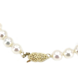 Sweetheart Lace Filigree Japanese Cultured Akoya Pearl Necklace - 14K Yellow Gold 16 Inch