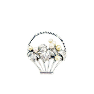 Art Nouveau Yellow Japanese Saltwater Akoya Cultured Pearl Grape Basket Brooch- Sterling Silver
