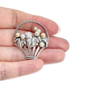 Art Nouveau Yellow Japanese Saltwater Akoya Cultured Pearl Grape Basket Brooch- Sterling Silver